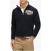 Men’s navy blue Superdry long sleeve cotton sweatshirt with white collar and logo