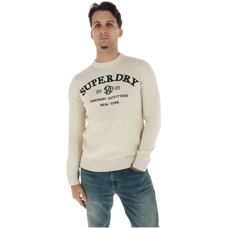 Superdry cotton sweater for men in cream with black embroidered logo and text, front view