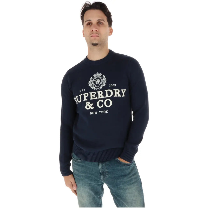 Superdry cotton sweater for men in navy blue with ribbed cuffs and crew neck, front view
