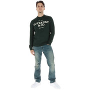 Superdry cotton sweater for men in dark green with ribbed cuffs and crew neck, front view