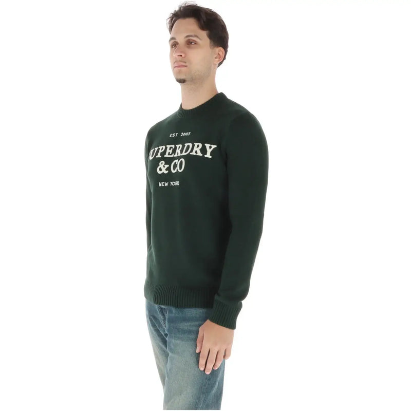 Superdry cotton sweater supercalifragilistic for men in dark green with white embroidered logo and text, front view