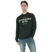 Superdry cotton sweater for men in dark green with logo embroidery, front view