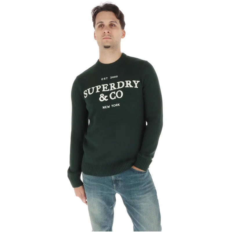 Superdry cotton sweater for men in dark green with logo embroidery, front view