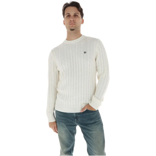 Superdry Weißer Baumwollpullover für Herren mit Rippstrickmuster und kleinem, gesticktem Logo auf der Brust, Vorderansicht