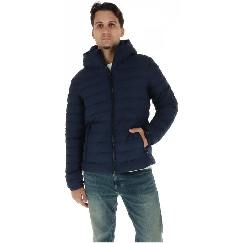 Superdry Gesteppte Kapuzenjacke für Herren in Marineblau mit schwarzem Reißverschluss und Seitentaschen, Vorderansicht