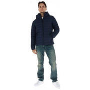 Superdry Gesteppte Herrenjacke mit Kapuze in Marineblau mit Frontreißverschluss und Seitentaschen, Vorderansicht
