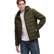 Superdry doudoune matelassée à capuche pour homme, en maille hybride vert olive avec doublure noire (vue de face)