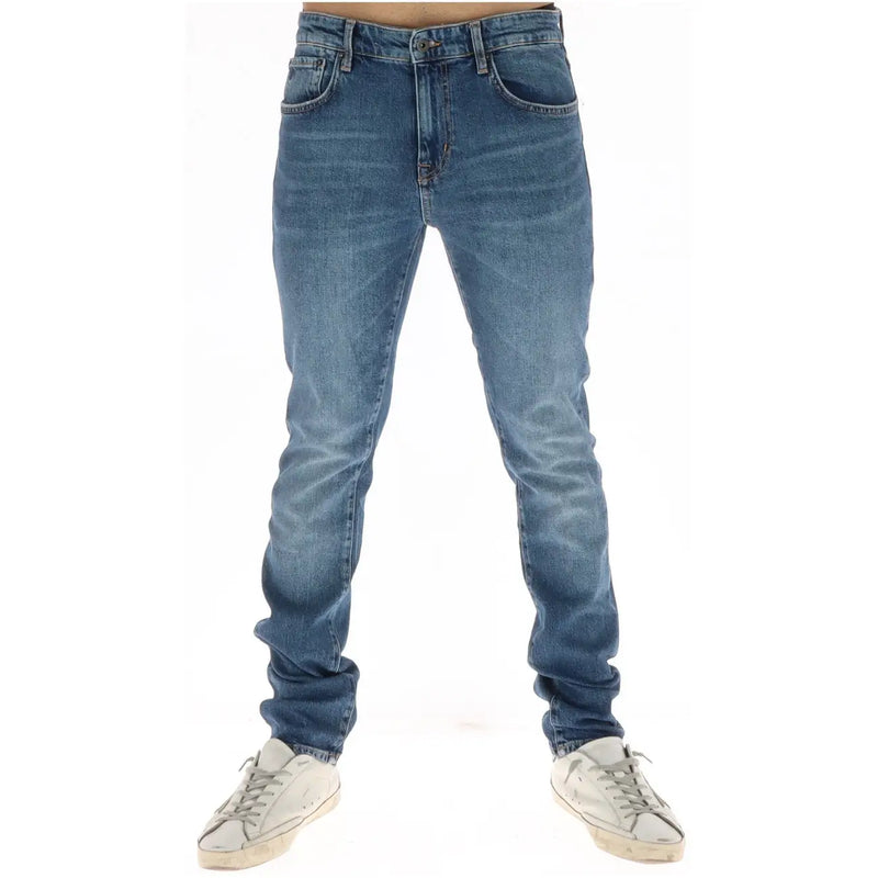 Superdry jeans for men in blue denim with slim fit and front pockets, front view