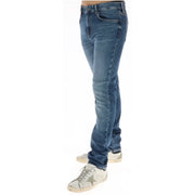 Superdry jeans for men in blue with slim fit subtle fading and classic stitching, front view
