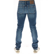 Superdry jeans for men in blue denim with faded wash back pockets and brown leather patch, back view