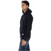 Superdry Herren-Kapuzenpullover aus blauem Baumwollfleece in Marineblau mit dezentem, gesticktem Logo und kleinem Markenetikett am Saum
