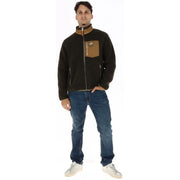Superdry Brauner Herren-Rollkragenblazer aus Polyester mit Reißverschluss und schwarzer Fleecejacke mit beigen Akzenten und Brusttasche mit Reißverschluss.