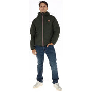 Superdry Grüner Herrenblazer aus Polyester mit Kapuze, dunkelgrünem Steppmuster und rot-weißem Reißverschlussbesatz