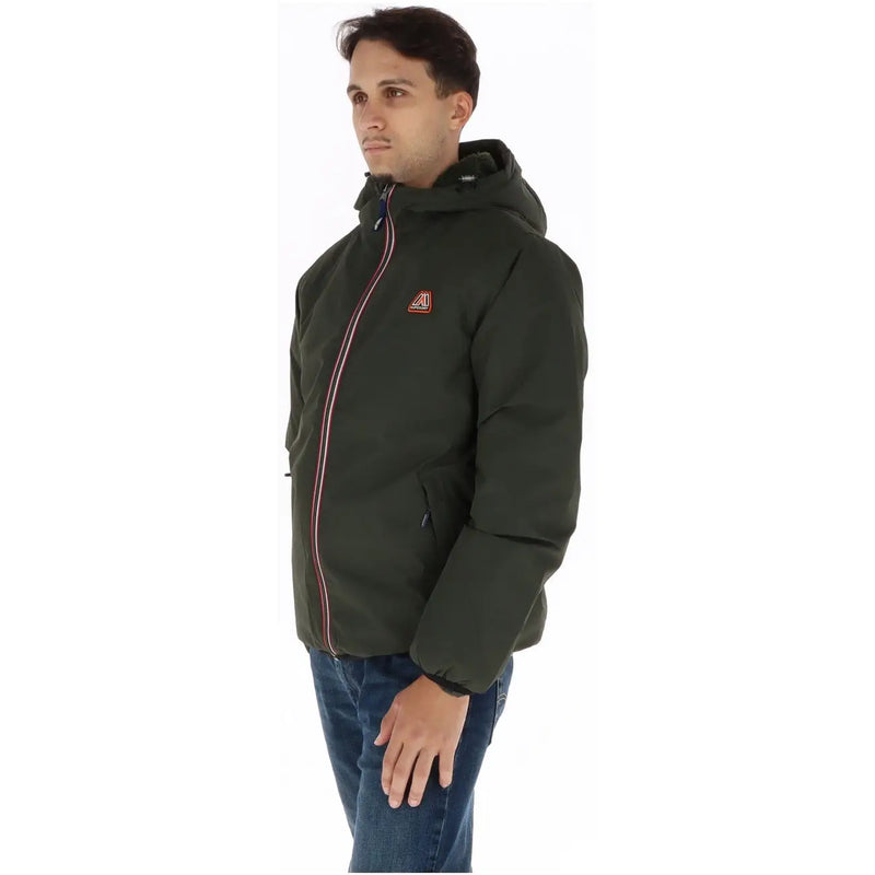 Superdry Herren grüner Blazer aus Polyester mit Kapuze, dunkelgrünem Steppmuster, rot-weißem Reißverschlussbesatz und Logo
