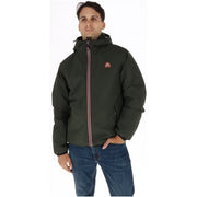 Dunkelgrüne, gefütterte Polyesterjacke mit Kapuze und rot-weißem Reißverschlussbesatz von Superdry Herrenkollektion
