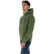 Superdry Herren-Hoodie-Sweatshirt aus grünem Baumwollfleece mit olivgrüner Kapuze und verwaschenem, dunkelgrauem Schriftzug auf der Brust