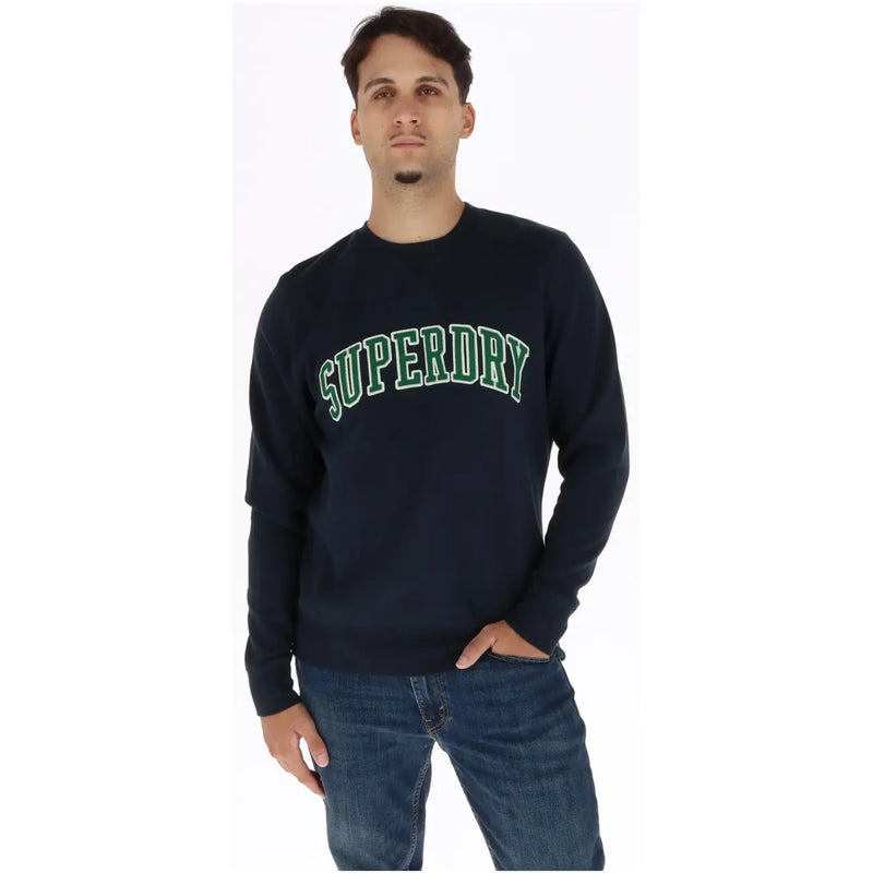 Marineblau Superdry Herren-Baumwoll-Sweatshirt mit Rundhalsausschnitt und grünem, bogenförmigem Schriftzug auf der Brust