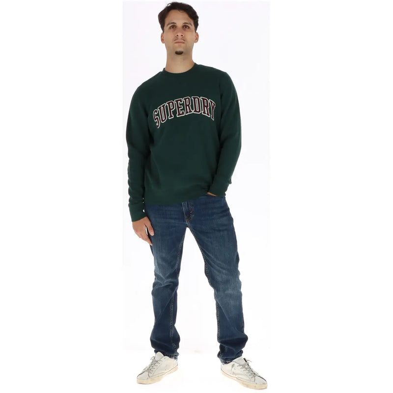 Superdry Herren-Sweatshirt aus grüner Baumwolle mit Rundhalsausschnitt, dunkelgrünem Stoff und bogenförmigem, weiß-rotem Schriftzug auf der Brust