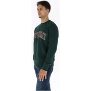 Dunkelgrün Superdry Herren-Baumwoll-Sweatshirt mit langen Ärmeln und Supreme-Schriftzug in Bogenform, Bordeauxrot und Weiß.