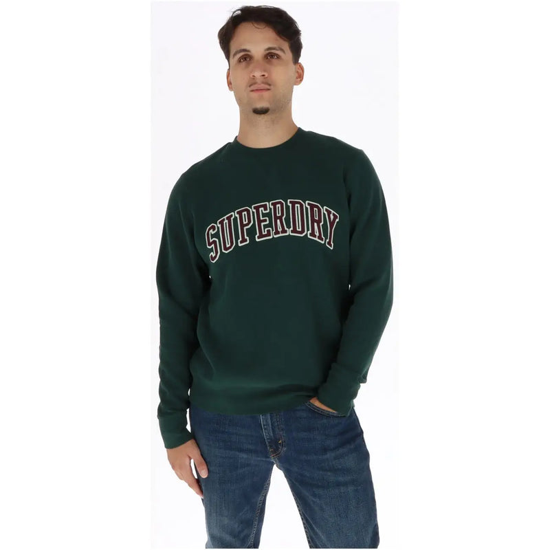 Dunkelgrünes Super-Dry Herren-Sweatshirt aus Baumwolle mit Rundhalsausschnitt und bordeauxrotem und weißem, gebogenem Schriftzug auf der Vorderseite