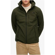 Superdry men green long hooded blazer in dark olive green softshell with front zipper and multiple zippered pockets