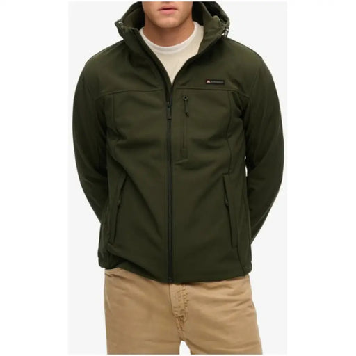 Superdry men green long hooded blazer in dark olive green softshell with front zipper and multiple zippered pockets