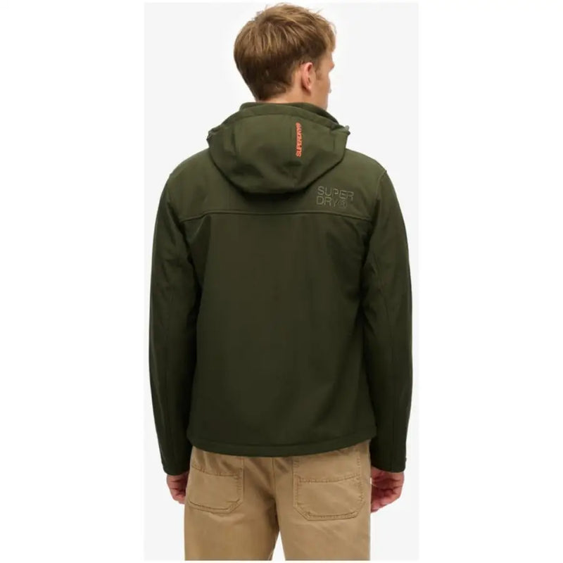 Back view of olive green superdry men long hooded blazer with zip front pockets and orange branding on shoulders and back