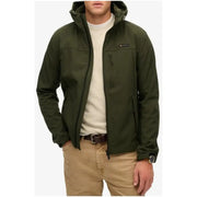 Superdry men green olive softshell hooded jacket with zippered pockets and subtle chest logo in front view