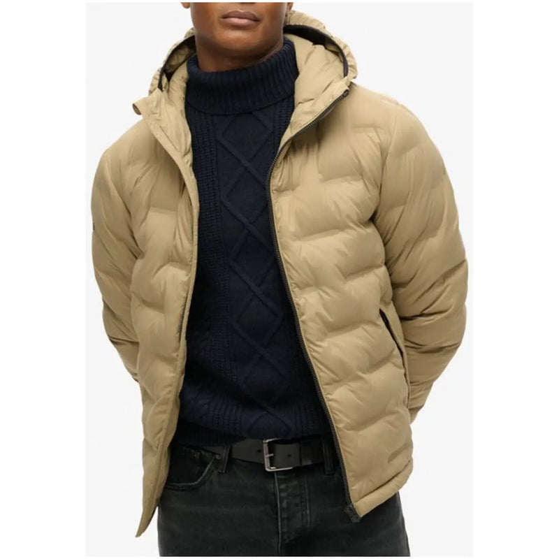 Beige quilted hooded puffer jacket with black inner lining made of polyester by superdry men long m5012045a