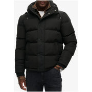 Superdry men jacket black hooded long winter puffer jacket with quilted design plaid lined hood and button closures