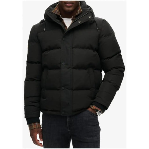 Superdry Schwarze Herren-Winterjacke mit Kapuze, Steppdesign, karierter, gefütterter Kapuze und Knopfverschluss