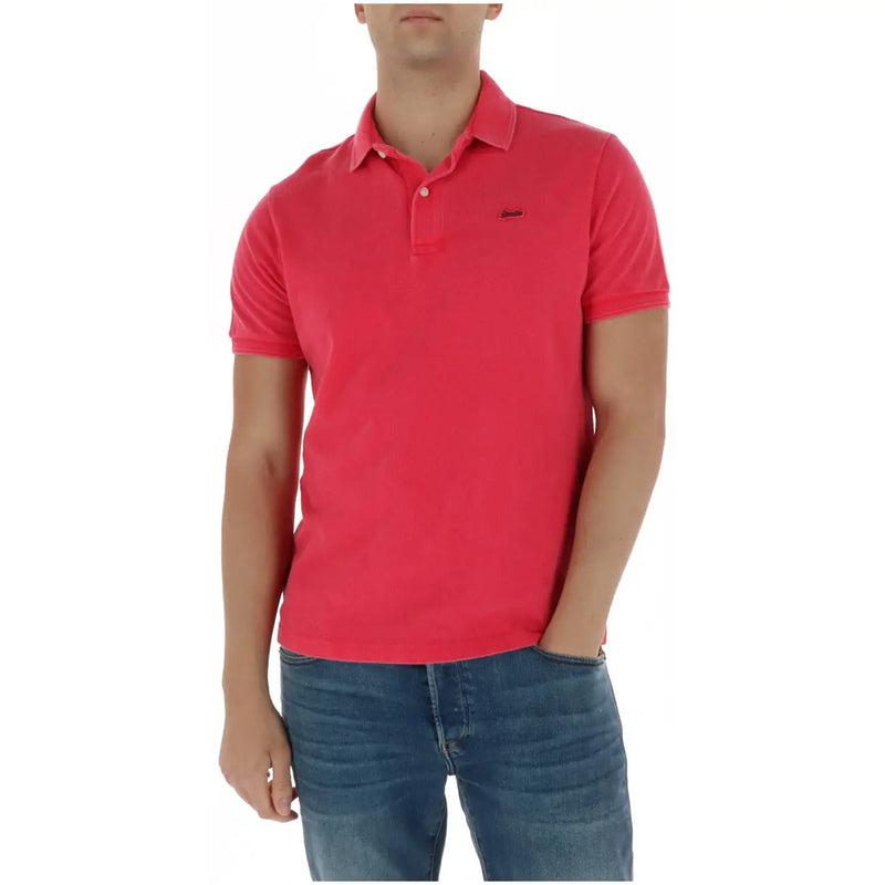 Superdry men polo shirt red short sleeve cotton with classic collar and subtle brand logo on the chest