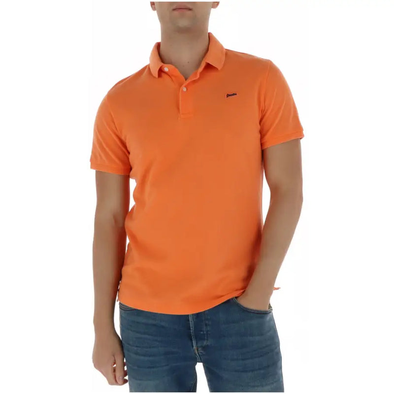 Superdry Herren-Poloshirt, blau, kurzärmelig, aus Baumwolle mit leuchtend orangefarbenem Stoff und kleinem schwarzen Brustlogo