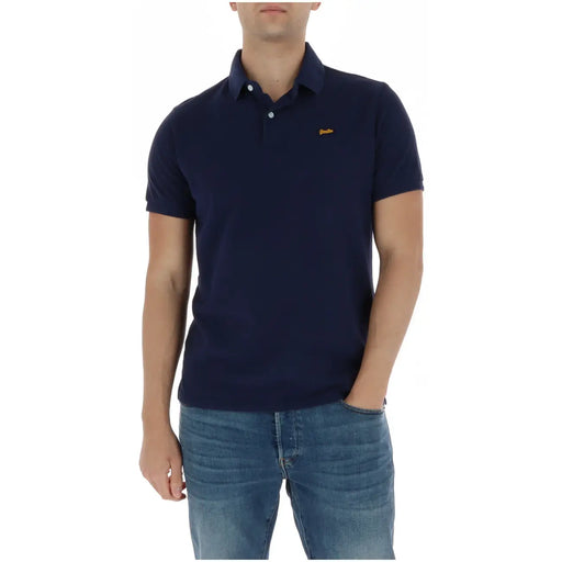 Navy blue Superdry men polo shirt with short sleeves cotton fabric and small gold logo on left chest M1110452A
