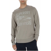 Superdry men sweatshirt beige print round neck cotton in gray with white surfboard and sunburst graphic design