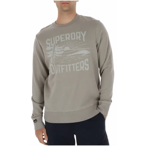 Superdry men sweatshirt in gray with a white surfboard and sunburst graphic design in a comfortable fabric
