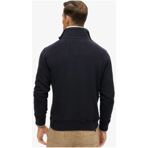 Back view of navy blue navy fleece quarter-zip sweater with ribbed cuffs and hem from superdry men sweatshirts blue print cotton long sleeve