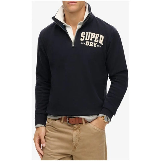 Black superdry men sweatshirt half-zip fleece pullover with cream lettering and light gray cotton inner collar