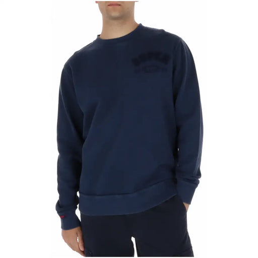 Navy blue crewneck sweatshirt by Superdry men featuring a dark embroidered logo on the chest