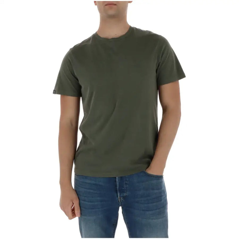 Superdry T-shirt homme vert olive en coton, col rond, manches courtes, avec petite étiquette logo sur la manche gauche
