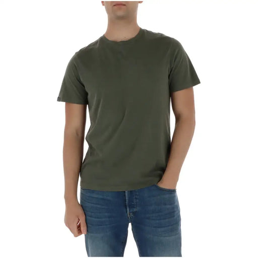 Superdry men t shirt green olive cotton crewneck short sleeve with small logo tag on the left sleeve