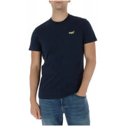 Marineblaues Superdry Herren-T-Shirt, Rundhalsausschnitt, Kurzarm, Baumwolle, mit kleinem gelben Logo auf der linken Brust, Artikelnummer: m1011245a