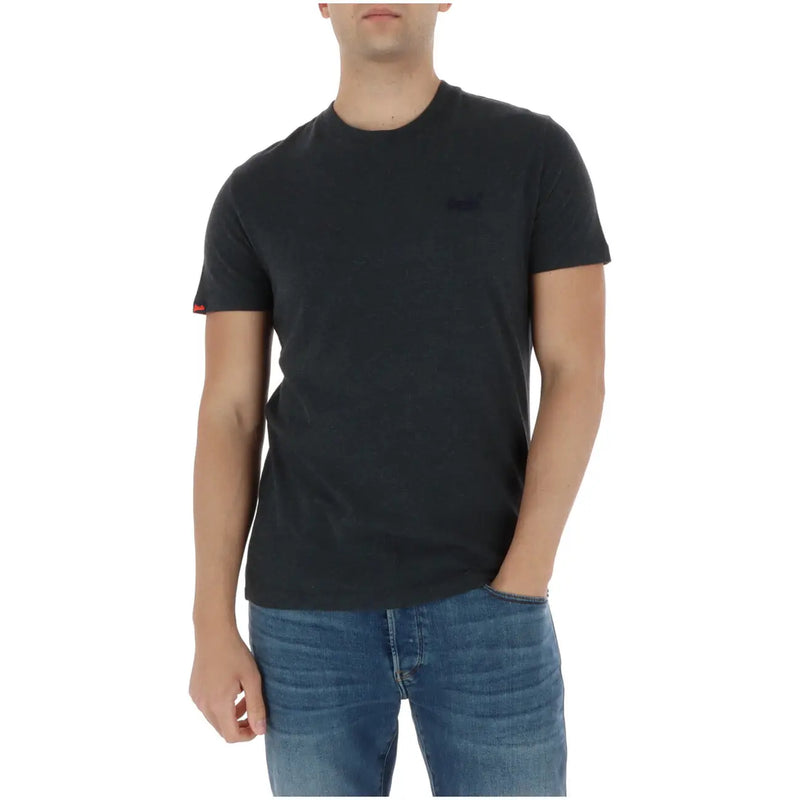 Superdry men t shirt light blue short sleeve cotton with black crew neck embroidered logo and red sleeve tag