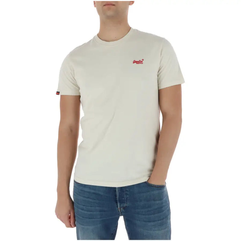 Off-white Superdry Herren-T-Shirt, hellblau, Kurzarm, aus Baumwolle mit rotem, gesticktem Logo und schwarzem Ärmeletikett