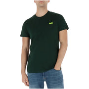 Superdry Herren-T-Shirt, hellblau, kurzärmelig, dunkelgrün, aus Baumwolle mit kleinem neongelbem Logo auf der linken Brust