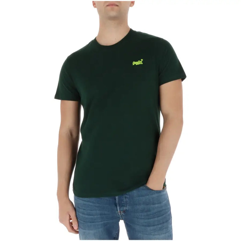Superdry Herren-T-Shirt, hellblau, kurzärmelig, dunkelgrün, aus Baumwolle mit kleinem neongelbem Logo auf der linken Brust