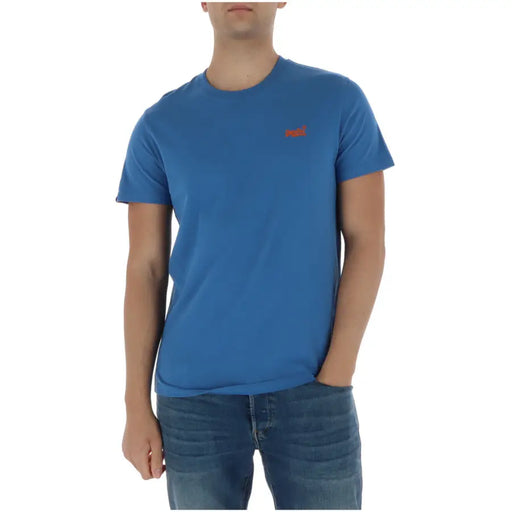 Superdry men t shirt light blue short sleeve cotton with a small orange logo on the left chest