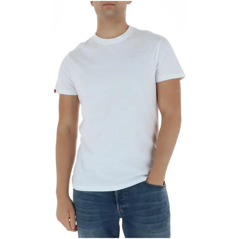 Superdry Herren-T-Shirt, hellblau, kurzärmelig, aus Baumwolle, mit weißem Rundhalsausschnitt, dezent gesticktem Logo auf der Brust und rotem Ärmeletikett