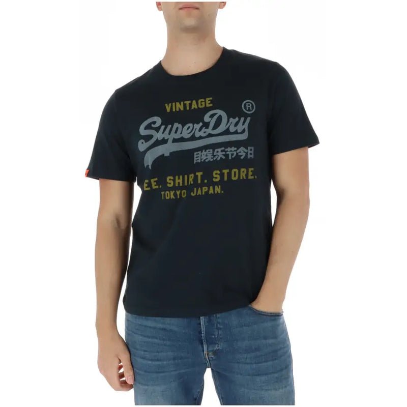 Superdry Schwarzes Vintage-T-Shirt für Herren aus Baumwolle mit grau-goldenem Grafikprint und Rundhalsausschnitt, Modell M1012212A
