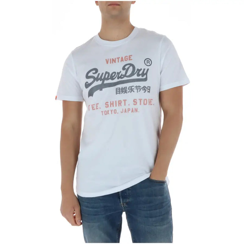 Superdry Weißes Herren-T-Shirt im Vintage-Stil aus Baumwolle mit grauer und roter Schrift, Rundhalsausschnitt, Modell M1012212A
